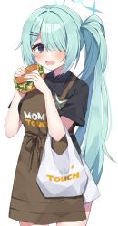 Rule 34 | 1girl, apron, bag, black shirt, blue archive, blush, brown apron, burger, collared shirt, cowboy shot, food, green eyes, green hair, green halo, hair over one eye, halo, highres, hiyori (blue archive), holding, holding food, long hair, looking at viewer, mom&#039;s touch, murase48, open mouth, plastic bag, shirt, short sleeves, side ponytail, simple background, solo, white background