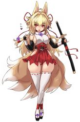 Rule 34 | 1girl, ahoge, animal ears, bare shoulders, black gloves, blonde hair, breasts, elbow gloves, female focus, fingerless gloves, fox ears, fox girl, fox tail, full body, gloves, highres, holding, holding sheath, holding sword, holding weapon, japanese clothes, karukan (monjya), katana, large breasts, long hair, looking at viewer, multiple tails, open mouth, original, red eyes, sandals, sheath, simple background, solo, sword, tail, thighhighs, weapon, white background, white thighhighs, zouri