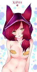 Rule 34 | 1girl, animal ears, breasts, censored, convenient censoring, groin, highres, hood, leaf, leaf censor, league of legends, looking at viewer, navel, censored nipples, out-of-frame censoring, purple hair, solo, xayah, yellow eyes