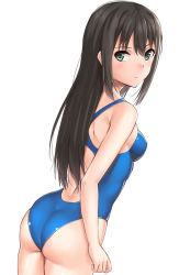 Rule 34 | 10s, 1girl, arms at sides, ass, bare arms, bare shoulders, blue one-piece swimsuit, blush, breasts, closed mouth, competition swimsuit, eyebrows, from behind, from side, green eyes, hair between eyes, hashi, idolmaster, idolmaster cinderella girls, long hair, looking at viewer, looking back, one-piece swimsuit, serious, shibuya rin, simple background, small breasts, solo, standing, swimsuit, thighs, white background