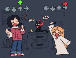 Rule 34 | &gt; &lt;, 2girls, adpx, arrow (symbol), bandana, black cat, blush, cat, coat, denim, english text, closed eyes, friday night funkin&#039;, hair behind ear, holding, holding microphone, hood, hoodie, jeans, lab coat, microphone, multiple girls, necktie, nichijou, open mouth, pants, parody, poster (object), professor shinonome, red bandana, red hoodie, red neckwear, sakamoto (nichijou), shinonome nano, shoes, smile, sneakers, user interface, v-shaped eyebrows, white coat