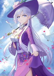 Rule 34 | 1girl, absurdres, alternate costume, aquilar, azur lane, belfast (azur lane), bird, blue eyes, braid, breasts, cleavage, cloud, cowboy shot, dress, french braid, hat, highres, holding, holding clothes, holding dress, large breasts, long hair, long sleeves, looking at viewer, parasol, petals, purple dress, silver hair, sky, sun hat, umbrella