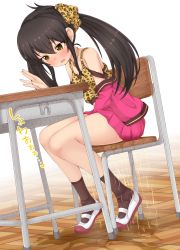 Rule 34 | 1girl, animal print, azuma (azumapic), bare shoulders, between legs, black hair, black socks, blush, breasts, chair, collarbone, crop top, crying, desk, dutch angle, embarrassed, female focus, full body, gradient background, hair ribbon, hand between legs, hand up, have to pee, heart, highres, idolmaster, idolmaster cinderella girls, indoors, jacket, japanese text, jewelry, leopard print, long hair, looking down, matoba risa, miniskirt, necklace, off shoulder, open mouth, peeing, peeing self, pleated skirt, puddle, purple jacket, purple skirt, red footwear, ribbon, school desk, shiny skin, shirt, shoes, simple background, sitting, skirt, sleeveless, sleeveless shirt, small breasts, socks, solo, tears, translation request, twintails, undershirt, wet, wet clothes, yellow eyes, yellow ribbon, yellow shirt