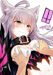 Rule 34 | !, 1girl, ahoge, animal ears, atalanta alter (fate), atalanta (fate), blush, grabbing another&#039;s breast, breasts, cat ears, character name, closed mouth, collar, embarrassed, fate/grand order, fate (series), frown, grabbing, green eyes, grey hair, highres, long hair, medium breasts, simple background, slit pupils, solo focus, upper body, white background, yamacchi