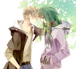 Rule 34 | 1boy, 1girl, brown eyes, brown hair, donut (artist), face-to-face, forehead-to-forehead, green hair, hand in pocket, hands in pocket, heads together, hood, hoodie, kagerou project, kano shuuya, kido tsubomi, long hair, red eyes, short hair