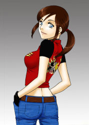Rule 34 | 1girl, ass, belt, blue eyes, breasts, brown hair, claire redfield, denim, from behind, gloves, hands in pockets, hikaru (kuga326), jeans, large breasts, light ryu, long hair, looking at viewer, looking back, pants, ponytail, resident evil, resident evil - code: veronica, sideboob, smile, solo, vest