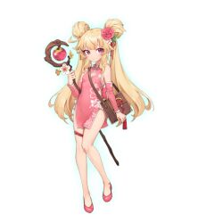 Rule 34 | 1girl, bag, bare shoulders, blonde hair, breasts, china dress, chinese clothes, cleavage cutout, clothing cutout, detached sleeves, double bun, dress, flower, full body, game cg, hair bun, hair flower, hair ornament, hand up, holding, holding staff, little witch nobeta, long hair, long sleeves, looking at viewer, nobeta, non-web source, official art, oopartz yang, pelvic curtain, pink dress, red eyes, shoulder bag, side cutout, side slit, sleeveless, sleeveless dress, small breasts, staff, thigh strap, thighs, twintails, very long hair