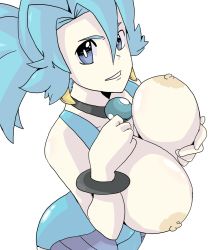 Rule 34 | 00s, 1990s (style), 1girl, black background, blue eyes, blue hair, breasts, breasts out, clair (pokemon), creatures (company), game freak, gym leader, large breasts, long hair, looking at viewer, nintendo, outline, pokemon, pokemon (anime), pokemon gsc, pokemon hgss, retro artstyle, simple background, solo, upper body