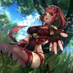 Rule 34 | 1girl, black gloves, breasts, chest jewel, earrings, fingerless gloves, gloves, highres, jewelry, large breasts, nakazou2000, pyra (xenoblade), red eyes, red hair, red shorts, red thighhighs, short hair, short shorts, shorts, solo, swept bangs, thighhighs, tiara, xenoblade chronicles (series), xenoblade chronicles 2