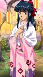 Rule 34 | 1girl, blue hair, blunt bangs, brown eyes, bush, cel shading, cherry blossoms, collar, cowboy shot, fence, floral print kimono, floral print sleeves, frown, furisode, game cg, grass, hair ribbon, half updo, hand on own chest, hanging lantern, high ponytail, japanese clothes, kimono, long sleeves, name connection, object namesake, official art, own hands together, parted lips, pink sleeves, ponytail, red ribbon, ribbon, sakura taisen, sega, shawl, shinguuji sakura, sidelocks, solo, standing, stitched, third-party edit, third-party source, tree, white collar, white shawl, wide sleeves, wooden fence, worried
