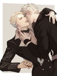 Rule 34 | 2boys, blonde hair, formal, grey hair, jewelry, jojo no kimyou na bouken, kiss, kissing neck, male focus, multiple boys, muted color, neckerchief, necklace, prosciutto, risotto nero, suit, undressing, vento aureo, yaoi, yepnean