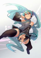 Rule 34 | 1girl, absurdly long hair, aqua eyes, aqua hair, black thighhighs, boots, detached sleeves, fang, fu-ta, hatsune miku, headphones, index finger raised, long hair, looking at viewer, nail polish, necktie, skirt, solo, thigh boots, thighhighs, twintails, uneven eyes, very long hair, vocaloid