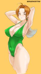 Rule 34 | 1girl, ahoge, armpits, arms behind head, arms up, artist name, berserkert, blush, breasts, brown eyes, brown hair, cleavage, creatures (company), curvy, delia ketchum, earrings, game freak, green one-piece swimsuit, highleg, highleg swimsuit, highres, jewelry, large breasts, long hair, looking at viewer, mature female, mole, mole on breast, nintendo, one-piece swimsuit, parted bangs, pokemon, pokemon (anime), pokemon (classic anime), pokemon ep018, ponytail, seductive smile, shiny skin, simple background, smile, solo, swimsuit, thick thighs, thighs, upper body, yellow background