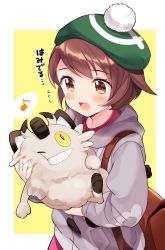 Rule 34 | 1girl, :d, backpack, bad id, bad pixiv id, bag, blush, brown eyes, brown hair, cardigan, collared dress, commentary request, creatures (company), dress, eighth note, flying sweatdrops, galarian form, galarian meowth, game freak, gen 8 pokemon, gloria (pokemon), green headwear, grey cardigan, hat, highres, holding, holding pokemon, hood, hood down, hooded cardigan, kanda done, looking at another, looking down, musical note, nintendo, one eye closed, open mouth, pink dress, pokemon, pokemon (creature), pokemon swsh, sharp teeth, smile, spoken musical note, sweat, tam o&#039; shanter, teeth, translation request, two-tone background, upper body, white background, yellow background, yellow eyes