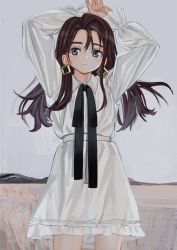 Rule 34 | 1girl, arms up, black ribbon, blue eyes, brown hair, closed mouth, cowboy shot, dress, earrings, elisia valfelto, hands up, highres, jewelry, long hair, long ribbon, long sleeves, looking at viewer, luicent, neck ribbon, original, ribbon, solo, standing, white dress