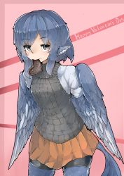 Rule 34 | animal ears, bird ears, bird wings, blue feathers, blue hair, blue wings, chocolate, english text, feathered wings, feathers, grey eyes, harpy, heart, heart-shaped pupils, highres, monster girl, mouth hold, original, pleated skirt, rnd.jpg (artist), skirt, solo, sweater, symbol-shaped pupils, turtleneck, turtleneck sweater, valentine, winged arms, wings