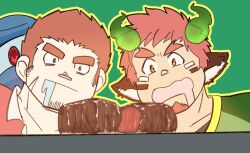 Rule 34 | 2boys, animal ears, bara, brown hair, cow boy, cow ears, cow horns, drooling, flat color, food, forked eyebrows, glowing horns, horns, hungry, large pectorals, male focus, meat, mouth drool, multiple boys, muscular, muscular male, outline, pectorals, ragi san (ononokomachiimo), staring, tamamura gunzo, thick eyebrows, tokyo houkago summoners, wakan tanka, yellow outline