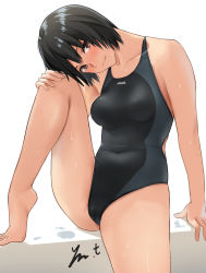 Rule 34 | 1girl, amagami, artist name, bare shoulders, barefoot, bed sheet, black hair, black one-piece swimsuit, blue hair, blue one-piece swimsuit, breasts, brown eyes, cameltoe, commentary, competition swimsuit, cowboy shot, head on knee, highres, light smile, looking at viewer, medium breasts, nanasaki ai, on bed, one-piece swimsuit, raised eyebrows, short hair, signature, sitting, solo, spread legs, sweatdrop, swimsuit, two-tone swimsuit, wet, white background, yoo tenchi