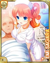 Rule 34 | 1girl, blanket, blue eyes, bow, breasts, card, card (medium), character name, cleavage, dress, girlfriend (kari), hair ornament, hospital, indoors, large breasts, nurse, official art, open mouth, orange hair, qp:flapper, sagara emi, smile, standing, tagme, twintails, white bow, white dress