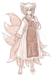 Rule 34 | 1girl, barefoot, dress, fox tail, full body, highres, kuro suto sukii, limited palette, long sleeves, monochrome, multiple tails, sepia, simple background, solo, tabard, tail, touhou, white background, wide sleeves, yakumo ran