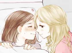 Rule 34 | 2girls, blanket, blonde hair, blush, braid, brown eyes, brown hair, closed eyes, face-to-face, gavienc, heart, imminent kiss, looking at another, multiple girls, original, pillow, profile, smile, sweat, upper body, yuri