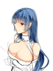 Rule 34 | 1girl, arms under breasts, blue hair, bodysuit, breasts, breasts squeezed together, cleavage, high ponytail, hime cut, large breasts, long hair, looking at viewer, nekonosuke, red eyes, shiny skin, solo, sweat, taimanin (series), taimanin asagi, taimanin murasaki, taimanin suit, very long hair, yatsu murasaki