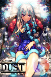Rule 34 | 1girl, blue one-piece swimsuit, blunt bangs, bubble, chair, character doll, character name, closers, copyright name, dated, dust (closers), ecell, long hair, lounge chair, one-piece swimsuit, pillow, pink eyes, school swimsuit, silver hair, sitting, swimsuit, very long hair