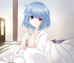 Rule 34 | 1girl, afterglow, bad id, bad pixiv id, blue hair, blush, breasts, collarbone, commentary request, futon, hammer (sunset beach), heterochromia, japanese clothes, kimono, looking at viewer, nipples, no bra, open clothes, open kimono, small breasts, smile, solo, tatara kogasa, touhou, yukata