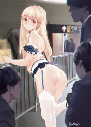 Rule 34 | 1girl, absurdres, ass, black skirt, blonde hair, blurry, blurry background, blush, brown eyes, chromatic aberration, closed mouth, commentary request, dated, detached sleeves, exhibitionism, frilled skirt, frills, garter belt, highres, hitomi o, lace, lace panties, leg up, looking at viewer, microskirt, multiple boys, onlookers, original, panties, panties over garter belt, public indecency, puffy short sleeves, puffy sleeves, railing, short sleeves, signature, skindentation, skirt, solo focus, standing, standing on one leg, straight hair, underwear, white legwear, white panties