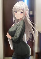 Rule 34 | 1girl, azuki yui, blurry, blurry background, braid, breasts, commentary request, cowboy shot, earrings, facing to the side, french braid, green sweater, hair ornament, hairclip, highres, holding, indoors, jewelry, large breasts, long hair, looking at viewer, original, purple eyes, ribbed sweater, silver hair, smile, solo, sweater