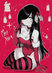 Rule 34 | 1girl, aria wintermint, black hair, christmas, collar, fur-trimmed gloves, fur-trimmed legwear, fur-trimmed leotard, fur trim, gloves, hair ornament, hair over one eye, highres, holly hair ornament, merry christmas, neck bell, pale skin, parororo, solo, striped clothes, striped legwear, striped thighhighs, the crawling city, thighhighs