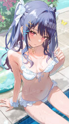 1girl absurdres bare_arms bare_shoulders bikini blue_hair bow breasts choker closed_mouth cross cross_choker embarrassed frilled_bikini frills front-tie_bikini_top front-tie_top frown hair_bow halterneck highres indie_virtual_youtuber long_hair looking_at_viewer navel omelet_tomato poolside pulling_own_clothes red_eyes scrunchie seijo_namuu sitting small_breasts solo spaghetti_strap stomach strap_pull string_bikini swimsuit thighs two_side_up virtual_youtuber water wavy_mouth wet white_bikini white_choker wrist_scrunchie