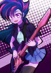 Rule 34 | 1girl, caibao return, collarbone, colored skin, cowboy shot, guitar, instrument, looking at viewer, multicolored hair, my little pony, my little pony: equestria girls, my little pony: friendship is magic, open mouth, personification, polka dot, polka dot background, princess twilight sparkle, purple eyes, purple skin, skirt, smile, solo, spiked hair, thighhighs, twilight sparkle