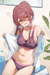 Rule 34 | 1girl, absurdres, bare shoulders, blush, bottle, breasts, commentary request, embarrassed, hair between eyes, head tilt, highres, idolmaster, idolmaster shiny colors, indoors, long hair, medium breasts, midriff, navel, open clothes, open mouth, open shirt, osaki tenka, panties, plant, purple panties, purple sports bra, red hair, shirt, solo, spoken blush, sports bra, stomach, tearing up, underwear, wanimaru, water bottle, white shirt, yellow eyes