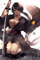 Rule 34 | 1girl, absurdly long hair, arm up, backlighting, bad id, bad pixiv id, bare legs, black hair, black kimono, breasts, cleavage, closed mouth, collarbone, commentary request, covered erect nipples, eyelashes, fingernails, grass, hand up, highres, holding, holding sword, holding weapon, horns, japanese clothes, katana, kimono, kisui (28992125), large breasts, light particles, lips, long fingernails, long hair, long sleeves, looking at viewer, obi, on grass, oni, oni horns, original, outdoors, planted, planted sword, planted weapon, ponytail, red eyes, sash, seiza, sharp fingernails, simple background, single horn, sitting, solo, swept bangs, sword, underboob, very long hair, weapon, white background, wide sleeves, wind, wind lift