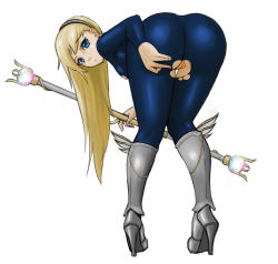 Rule 34 | 1girl, :&lt;, absurdres, armor, ass, bent over, birren, blonde hair, blue eyes, bodysuit, breasts, eyelashes, from behind, full body, greaves, hairband, high heels, highres, league of legends, long hair, looking back, lux (league of legends), nipples, no panties, pigeon-toed, pussy, skin tight, small breasts, solo, torn bodysuit, torn clothes, uncensored, wand, white background