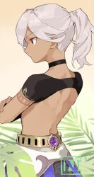 Rule 34 | 1boy, alternate hairstyle, back cutout, black choker, choco c14, choker, closed mouth, clothing cutout, crossed arms, cyno (genshin impact), dark-skinned male, dark skin, genshin impact, grey hair, male focus, plant, ponytail, profile, red eyes, short sleeves, simple background, solo