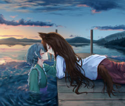 Rule 34 | 2girls, animal ears, arm at side, arm support, blue hair, brown hair, closed eyes, closed mouth, commentary request, drill hair, face-to-face, fins, from side, green kimono, hand on another&#039;s cheek, hand on another&#039;s face, hand up, happy, head fins, imaizumi kagerou, japanese clothes, kimono, lake, long hair, long skirt, long sleeves, lying, mermaid, monster girl, multiple girls, noses touching, obi, orange sky, outdoors, partially submerged, reflection, roke (taikodon), sash, shirt, short hair, skirt, sky, smile, tail, touhou, twilight, twisted torso, wakasagihime, water, wet, wet hair, wolf ears, wolf tail