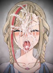 Rule 34 | 1girl, akkgsyk, blonde hair, blush, braid, closed eyes, collarbone, commentary request, cum, cum in mouth, facial, facing viewer, female focus, jewelry, kurusu natsume, kurusu natsume (1st costume), long hair, multicolored hair, necklace, nijisanji, open mouth, red hair, side braids, simple background, solo, steaming body, streaked hair, sweat, teeth, tongue, tongue out, virtual youtuber