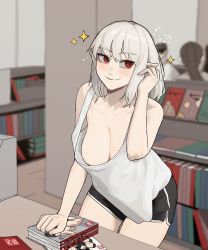 Rule 34 | 1girl, absurdres, arm support, bare shoulders, black nails, blush, book, book stack, borrowed character, breasts, cleavage, closed mouth, counter, gogalking, highres, large breasts, looking to the side, loose clothes, loose shirt, manga (object), medium hair, nail polish, original, pale skin, pointy ears, red eyes, rusellunt, shirt, short shorts, shorts, silver hair, smile, standing, tank top, thighs, vampire (gogalking)