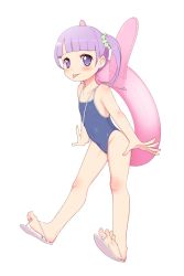 Rule 34 | 1girl, blue one-piece swimsuit, blush, child, collarbone, feet, flip-flops, highres, idol time pripara, innertube, long hair, looking at viewer, maidforge, manaka non, one-piece swimsuit, pretty series, pripara, purple eyes, purple hair, sandals, school swimsuit, scrunchie, swim ring, swimsuit, tongue, tongue out, twintails, white background, white footwear