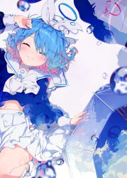 Rule 34 | 1girl, absurdres, air bubble, arona (blue archive), blue archive, blue hair, blue shirt, bow, bubble, choker, closed eyes, closed mouth, collared shirt, facing viewer, hair bow, hair over one eye, halo, highres, long sleeves, lying, multicolored hair, navel, neckerchief, ogipote, pink hair, sailor collar, shirt, short hair, skirt, smile, two-tone hair, white bow, white choker, white neckerchief, white sailor collar, white skirt
