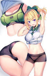 Rule 34 | 1girl, arm behind head, arms up, ass, bare arms, bare shoulders, black choker, black shorts, blonde hair, bow, bra, breasts, chloe (princess connect!), chloe (school festival) (princess connect!), choker, collared shirt, crop top, green bra, hair bow, highres, long hair, looking at viewer, medium breasts, midriff, multiple views, navel, open mouth, plaid, plaid bow, plaid shirt, ponytail, princess connect!, purple eyes, rei (rei&#039;s room), shirt, short shorts, shorts, side-tie shirt, sidelocks, simple background, sleeveless, sleeveless shirt, stomach, taut clothes, thighs, underwear, v-shaped eyebrows, white background, white shirt