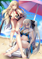 Rule 34 | 2girls, barefoot, beach, beach umbrella, bikini, black bikini, blue-tinted eyewear, blue-tinted glasses, blue choker, blue eyes, blue sky, breasts, choker, cleavage, commentary request, cup, day, drinking glass, drinking straw, english text, barghest (fate), fate/grand order, fate (series), heterochromia, highres, huge breasts, large breasts, leaning forward, light brown hair, long hair, looking at viewer, looking over eyewear, looking over glasses, morgan le fay (fate), multiple girls, navel, ocean, outdoors, palm tree, red eyes, relaxing, silver hair, sitting, sky, sunglasses, suzumia (daydream), swimsuit, thank you, tinted eyewear, tree, umbrella, very long hair