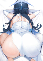 Rule 34 | 1girl, absurdres, ass, ass focus, bed sheet, black hair, blue archive, blue hair, breasts, clothing aside, colored inner hair, commentary, dress, elbow gloves, fluffyebi01, from behind, gloves, halo, highres, large breasts, long hair, multicolored hair, no panties, official alternate costume, partially visible vulva, saori (blue archive), saori (dress) (blue archive), see-through, seiza, sitting, solo, strapless, strapless dress, symbol-only commentary, white dress, white gloves