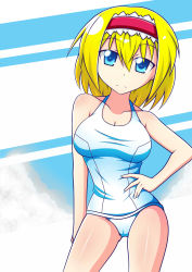 Rule 34 | 1girl, alice margatroid, blonde hair, blue eyes, breasts, cleavage, female focus, hairband, hamiyun, highres, large breasts, one-piece swimsuit, school swimsuit, short hair, smile, solo, swimsuit, touhou, white school swimsuit, white one-piece swimsuit