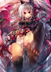 Rule 34 | 1girl, :d, armor, black thighhighs, bodysuit, breasts, cameltoe, foreshortening, headgear, heart, highres, large breasts, leg up, mamuru, mecha musume, open mouth, original, panties, red eyes, silver hair, smile, solo, thighhighs, toes, underwear, white panties