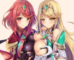 Rule 34 | 2girls, bad id, bad twitter id, bare shoulders, blonde hair, blush, breast hold, breast press, breasts, breasts squeezed together, cleavage, deep skin, earrings, elbow gloves, gem, gloves, hair ornament, headpiece, inoue takuya (tactactak), jewelry, large breasts, long hair, looking at viewer, multiple girls, mythra (xenoblade), nintendo, pyra (xenoblade), red eyes, red hair, short hair, simple background, smile, staring, swept bangs, symmetrical docking, tiara, very long hair, xenoblade chronicles (series), xenoblade chronicles 2, yellow eyes