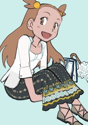 Rule 34 | 1girl, :d, alternate costume, bag, black skirt, blush, brown eyes, brown footwear, brown hair, commentary, creatures (company), elizabeth (tomas21), eyelashes, from side, game freak, green background, hair bobbles, hair ornament, happy, highres, jacket, jasmine (pokemon), long hair, nintendo, open clothes, open jacket, open mouth, pokemon, pokemon hgss, shirt, shoes, simple background, skirt, sleeves past elbows, smile, solo, two side up, umbrella, white jacket, white shirt