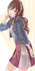 Rule 34 | 1girl, alternate hairstyle, belt, bracelet, braid, brown eyes, brown hair, commentary request, denim, denim jacket, from side, hairband, highres, idolmaster, idolmaster shiny colors, jacket, jewelry, long hair, long sleeves, looking at viewer, low ponytail, miniskirt, necklace, osaki amana, open clothes, open jacket, pekoni (peconi), shirt, skirt, solo, watch, white shirt, wristwatch, yellow background